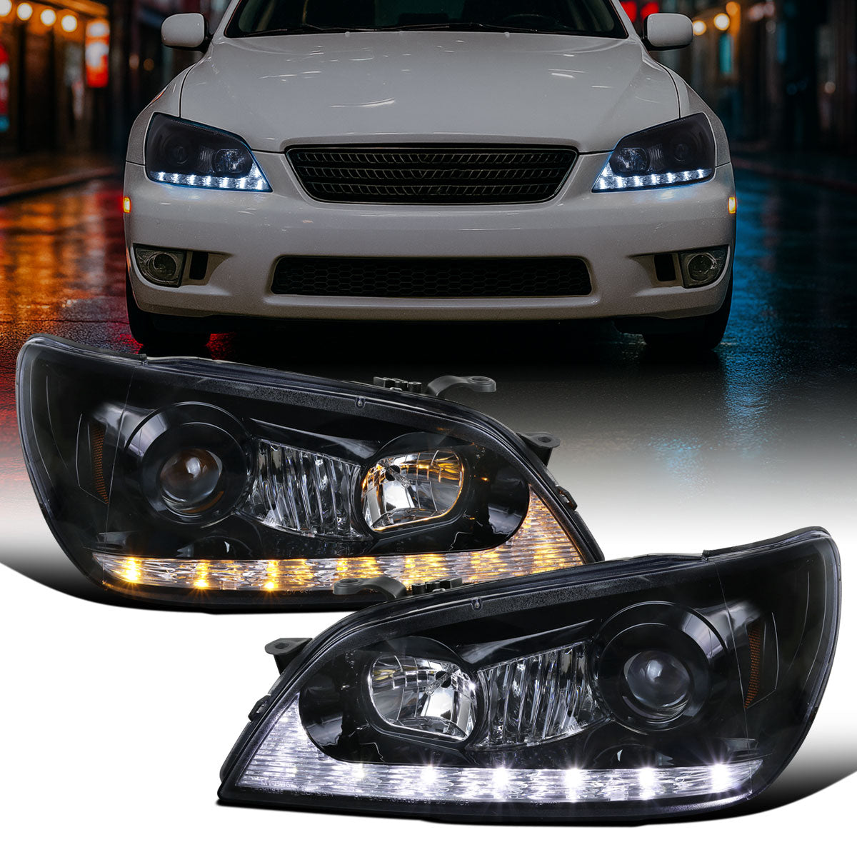 Ronnin - Fits 2001-2005 Lexus IS300 Upgrade Replacement LED Turn Signal Lights Projector Xenon Headlights Assembly Pair | Black Smoke