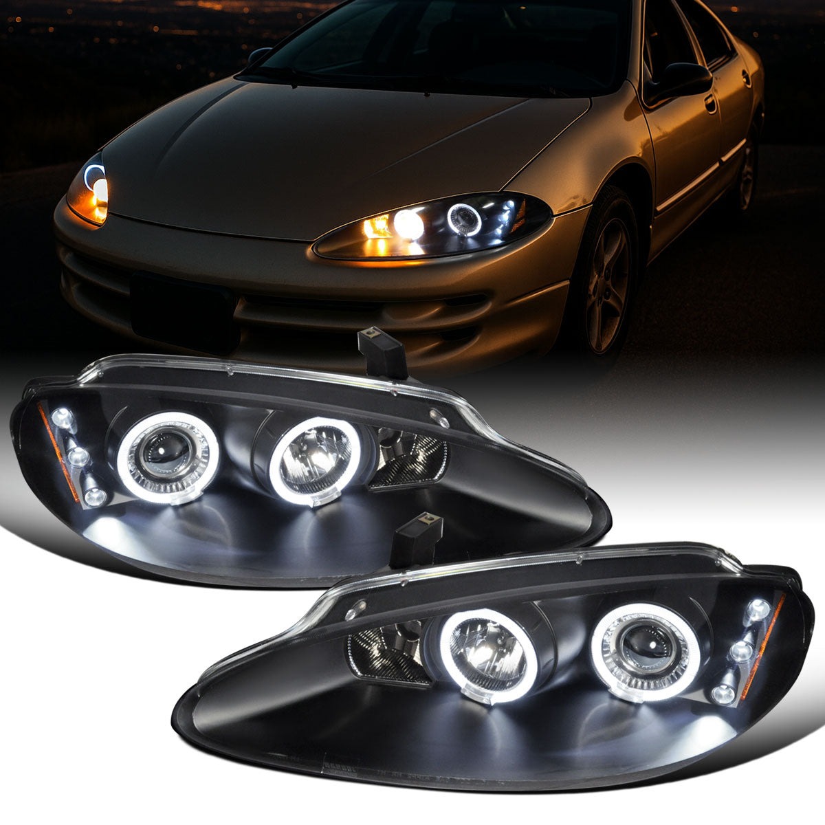 Ronnin - Fits 1998-2004 Dodge Intrepid Upgrade Replacement LED Dual Rims Projector Headlights Assembly Pair | Black