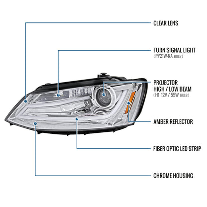 Ronnin - Fits 2011-2018 Volkswagen Jetta Upgrade Projector Headlights Assembly LED Tube Running Lights Pair | Chrome