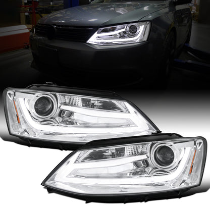 Ronnin - Fits 2011-2018 Volkswagen Jetta Upgrade Projector Headlights Assembly LED Tube Running Lights Pair | Chrome