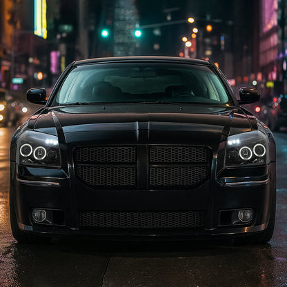 Ronnin - Fits 2005-2007 Dodge Magnum Upgrade Replacement LED Dual Rims Projector Headlights Assembly Pair | Gloss Black