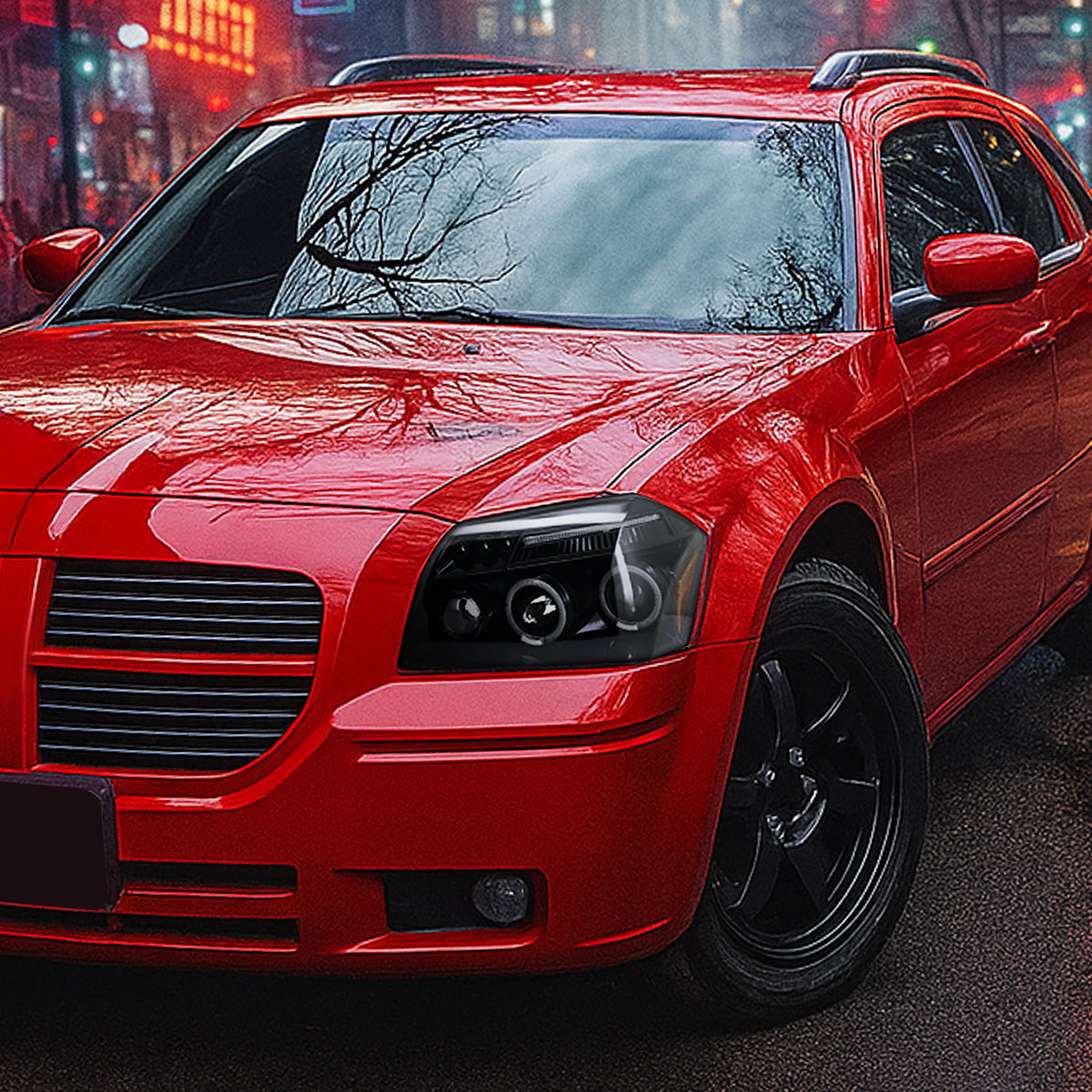 Ronnin - Fits 2005-2007 Dodge Magnum Upgrade Replacement LED Dual Rims Projector Headlights Assembly Pair | Gloss Black