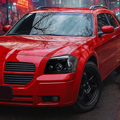 Ronnin - Fits 2005-2007 Dodge Magnum Upgrade Replacement LED Dual Rims Projector Headlights Assembly Pair | Gloss Black