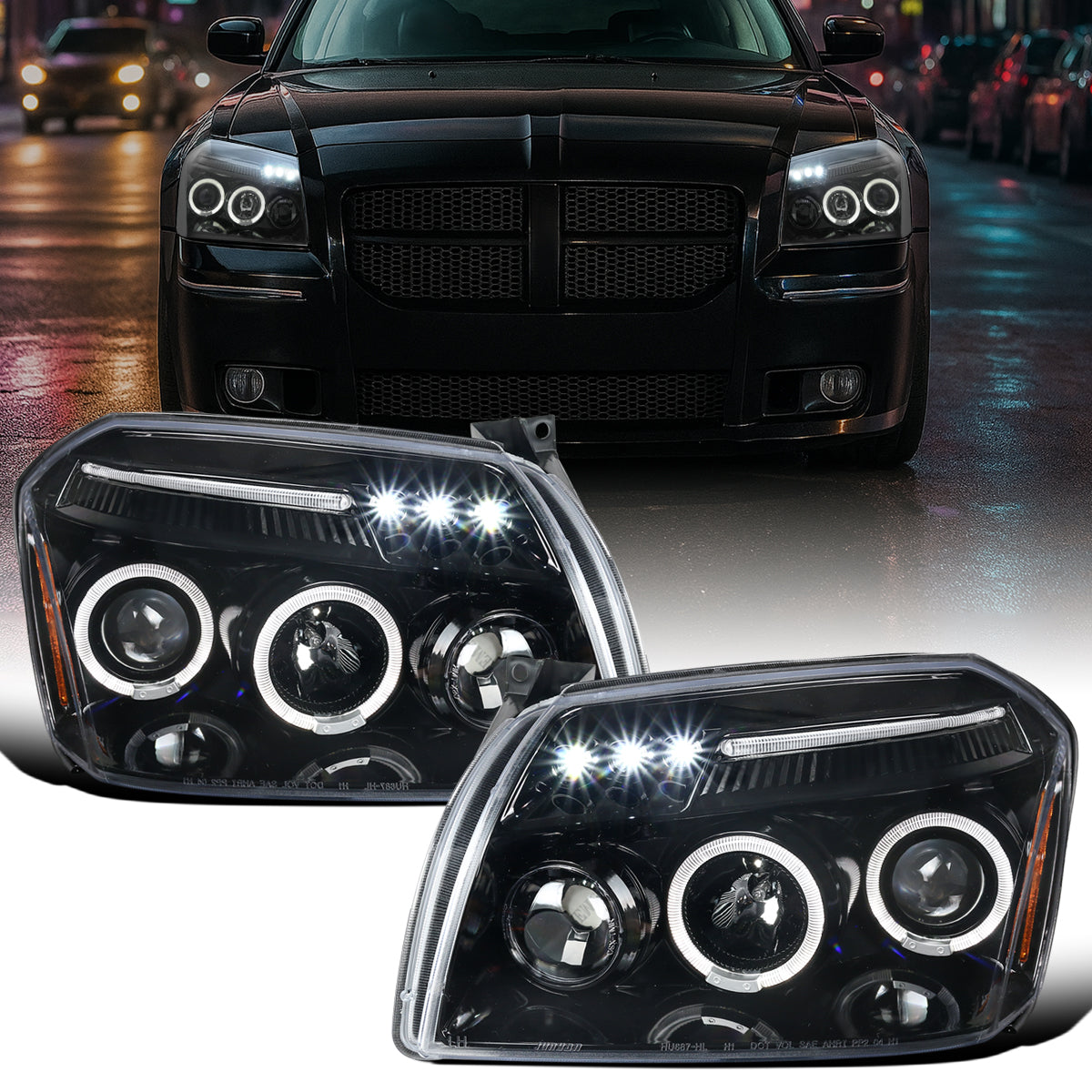 Ronnin - Fits 2005-2007 Dodge Magnum Upgrade Replacement LED Dual Rims Projector Headlights Assembly Pair | Gloss Black