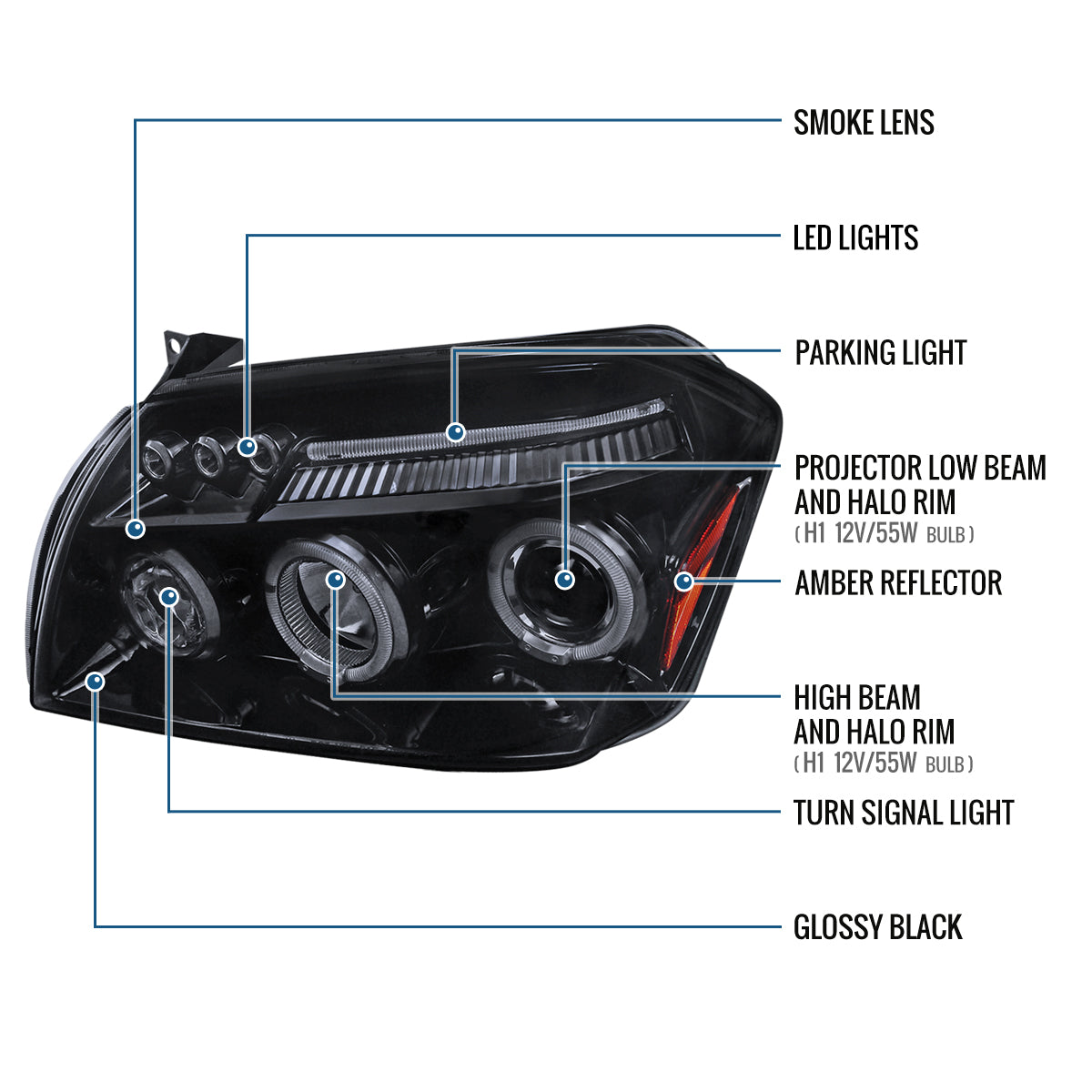 Ronnin - Fits 2005-2007 Dodge Magnum Upgrade Replacement LED Dual Rims Projector Headlights Assembly Pair | Black Smoke