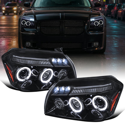 Ronnin - Fits 2005-2007 Dodge Magnum Upgrade Replacement LED Dual Rims Projector Headlights Assembly Pair | Black Smoke
