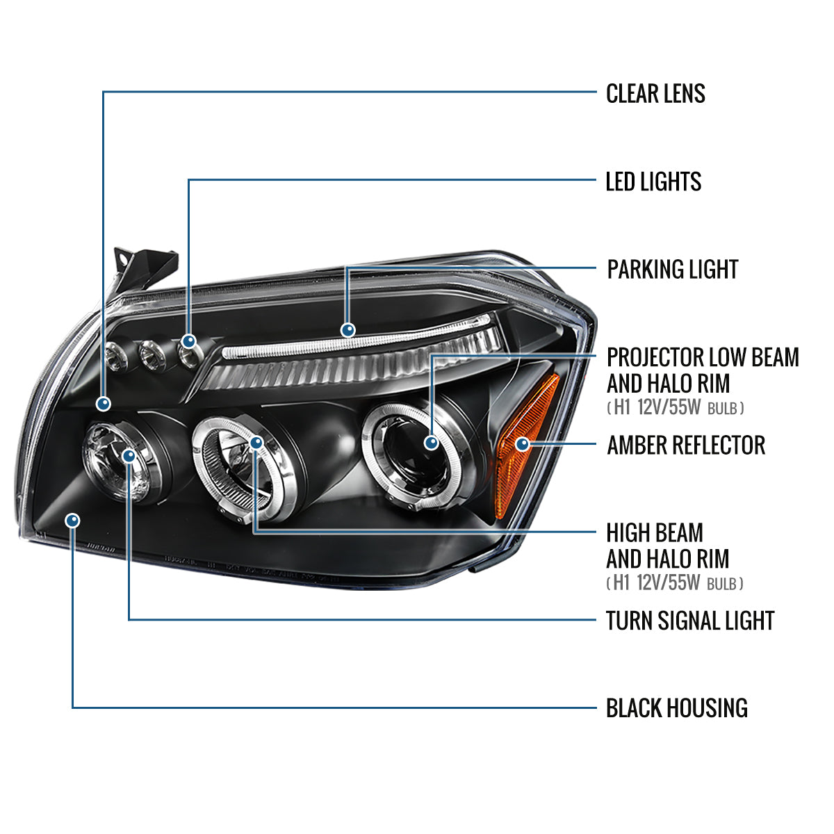Ronnin - Fits 2005-2007 Dodge Magnum Upgrade Replacement LED Dual Rims Projector Headlights Assembly Pair | Black
