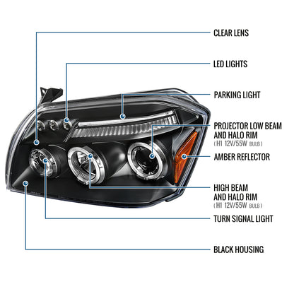 Ronnin - Fits 2005-2007 Dodge Magnum Upgrade Replacement LED Dual Rims Projector Headlights Assembly Pair | Black