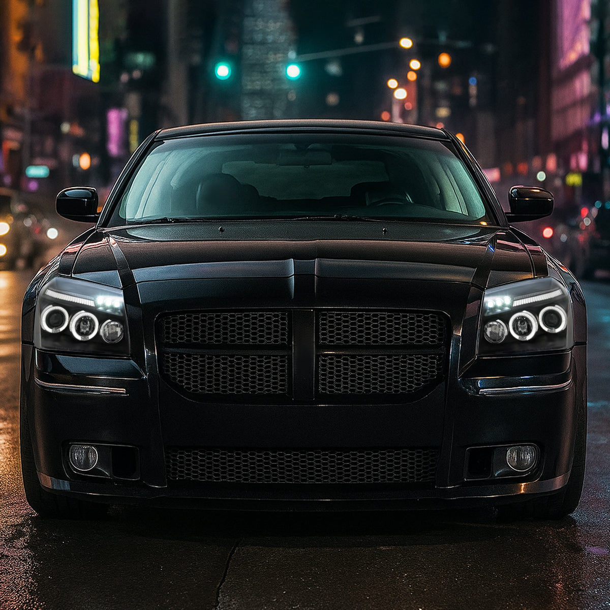 Ronnin - Fits 2005-2007 Dodge Magnum Upgrade Replacement LED Dual Rims Projector Headlights Assembly Pair | Black