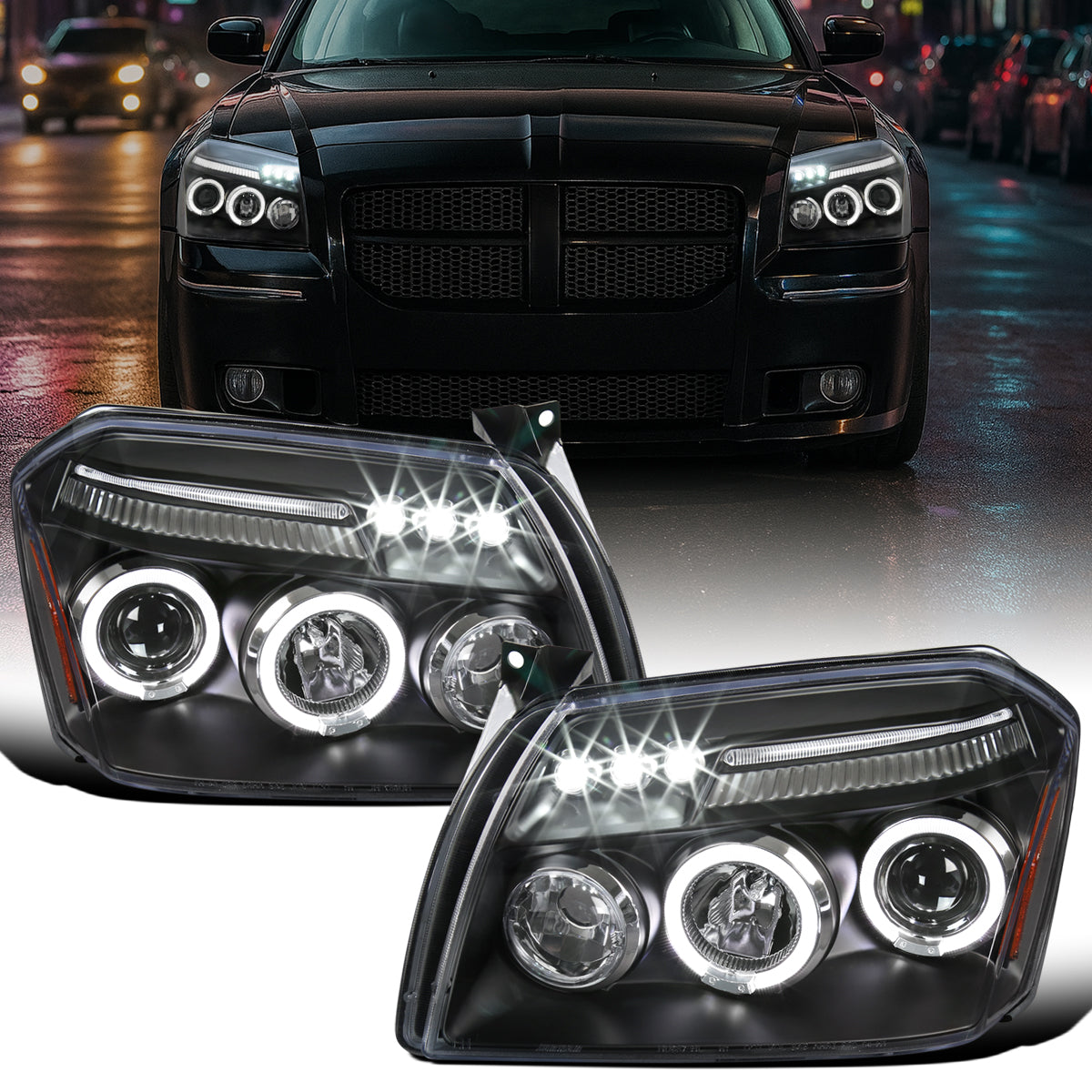 Ronnin - Fits 2005-2007 Dodge Magnum Upgrade Replacement LED Dual Rims Projector Headlights Assembly Pair | Black