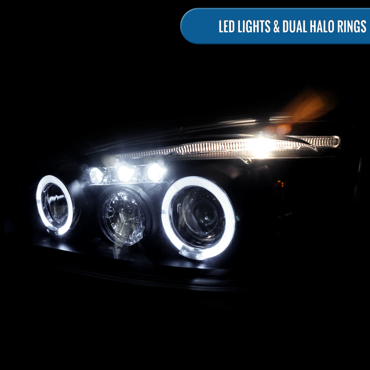 Ronnin - Fits  2004-2007Chevy Malibu 2008 Malibu Classic Upgrade Assembly LED Dual Halo Rims Projector Headlights Pair | Black