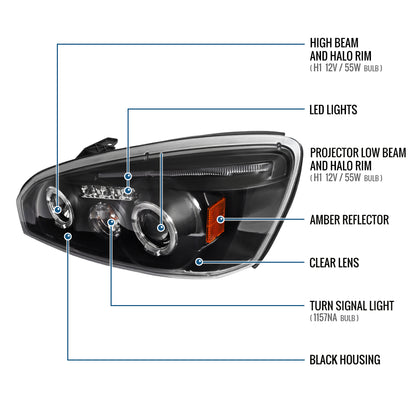 Ronnin - Fits  2004-2007Chevy Malibu 2008 Malibu Classic Upgrade Assembly LED Dual Halo Rims Projector Headlights Pair | Black