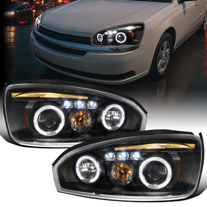 Ronnin - Fits  2004-2007Chevy Malibu 2008 Malibu Classic Upgrade Assembly LED Dual Halo Rims Projector Headlights Pair | Black