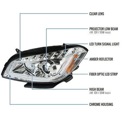 Ronnin - Fits 2008-2012 Chevy Malibu LED Running Light Tube Upgrade Replacement Projector Headlights Assembly Pair | Chrome