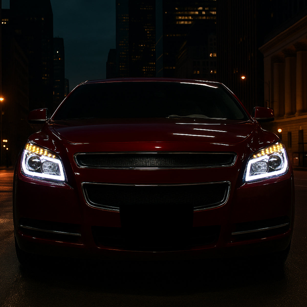 Ronnin - Fits 2008-2012 Chevy Malibu LED Running Light Tube Upgrade Replacement Projector Headlights Assembly Pair | Chrome