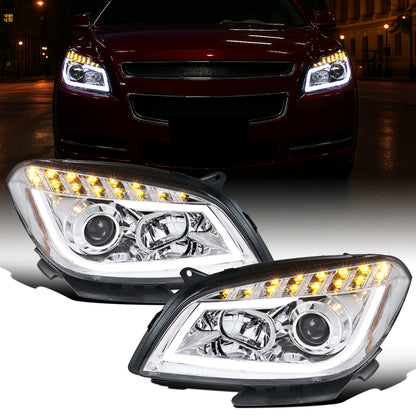 Ronnin - Fits 2008-2012 Chevy Malibu LED Running Light Tube Upgrade Replacement Projector Headlights Assembly Pair | Chrome