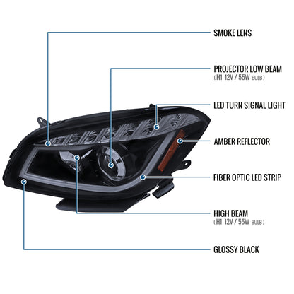 Ronnin - Fits 2008-2012 Chevy Malibu LED Running Light Tube Upgrade Replacement Projector Headlights Assembly Pair | Black Smoke