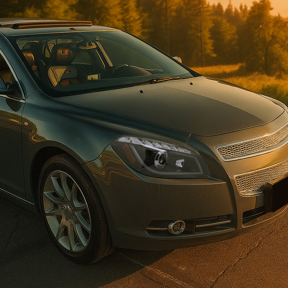 Ronnin - Fits 2008-2012 Chevy Malibu LED Running Light Tube Upgrade Replacement Projector Headlights Assembly Pair | Black Smoke