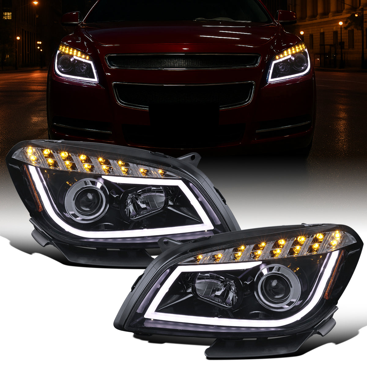 Ronnin - Fits 2008-2012 Chevy Malibu LED Running Light Tube Upgrade Replacement Projector Headlights Assembly Pair | Black Smoke
