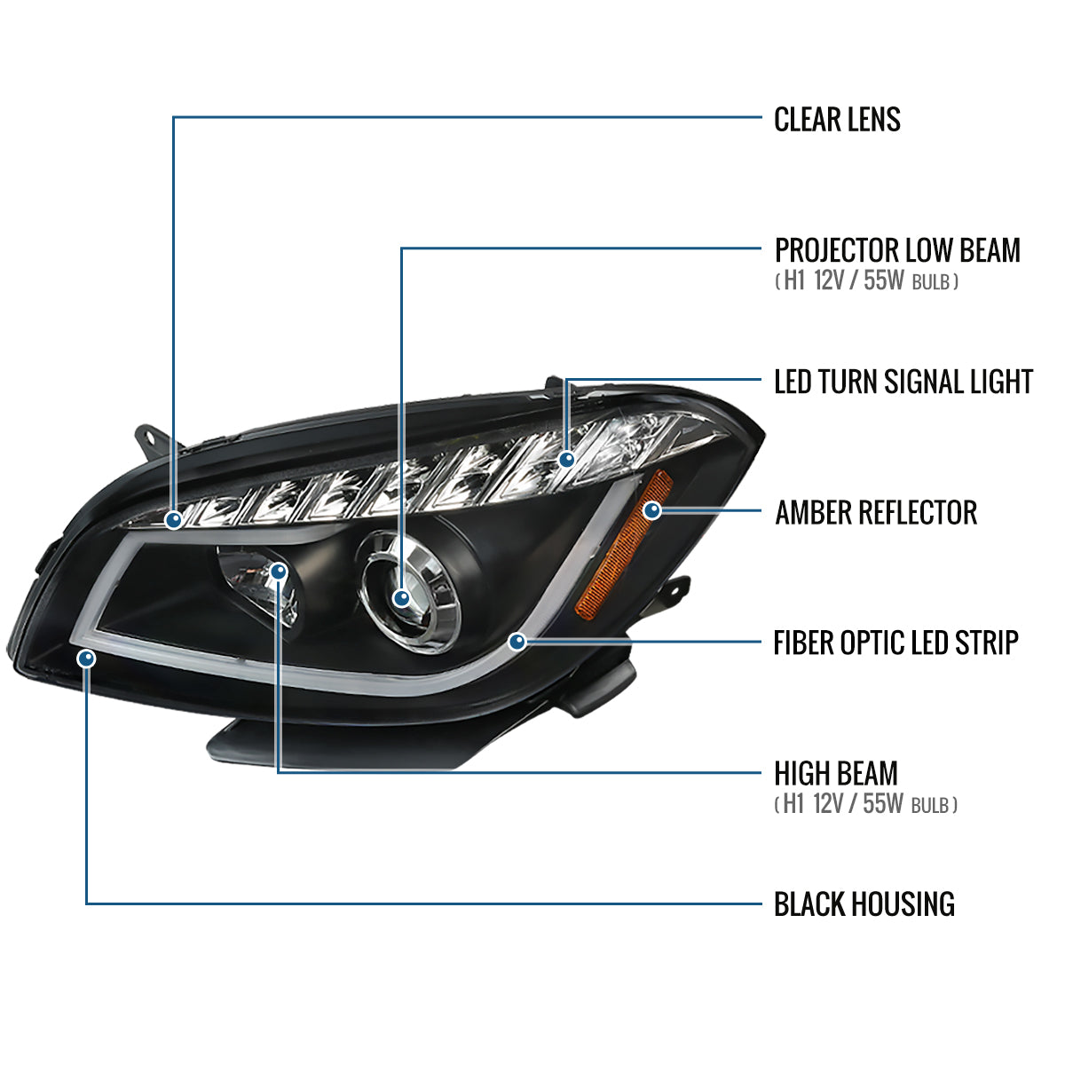 Ronnin - Fits 2008-2012 Chevy Malibu LED Running Light Tube Upgrade Replacement Projector Headlights Assembly Pair | Black