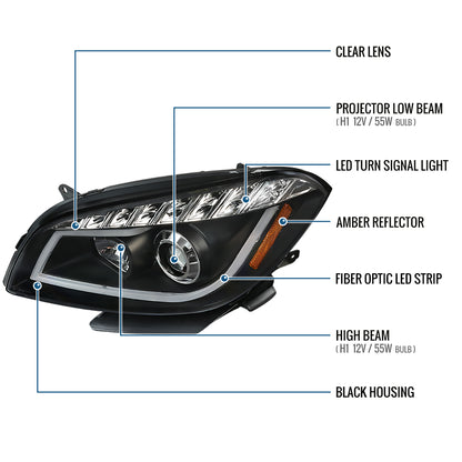 Ronnin - Fits 2008-2012 Chevy Malibu LED Running Light Tube Upgrade Replacement Projector Headlights Assembly Pair | Black