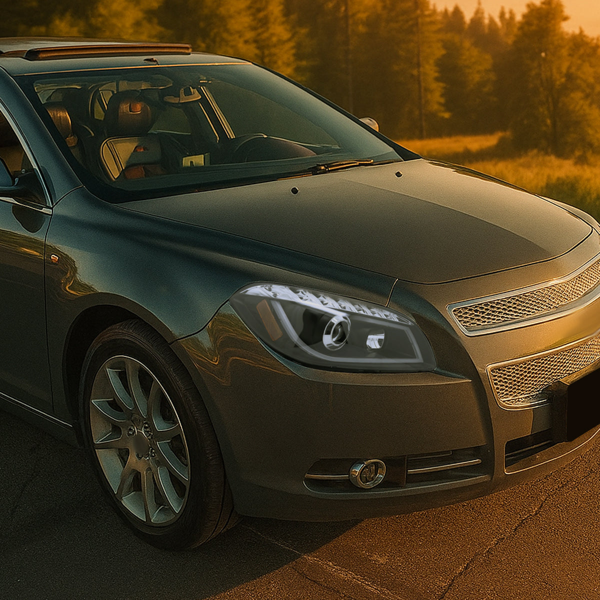 Ronnin - Fits 2008-2012 Chevy Malibu LED Running Light Tube Upgrade Replacement Projector Headlights Assembly Pair | Black