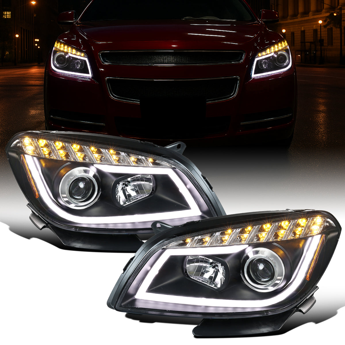 Ronnin - Fits 2008-2012 Chevy Malibu LED Running Light Tube Upgrade Replacement Projector Headlights Assembly Pair | Black