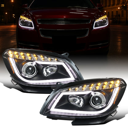 Ronnin - Fits 2008-2012 Chevy Malibu LED Running Light Tube Upgrade Replacement Projector Headlights Assembly Pair | Black