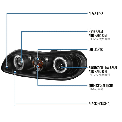 Ronnin - Fits 1997-2005 Oldsmobile Cutlass Chevy Classic Malibu LED Dual Rims Running Lights Projector Headlights Assembly Pair | Black