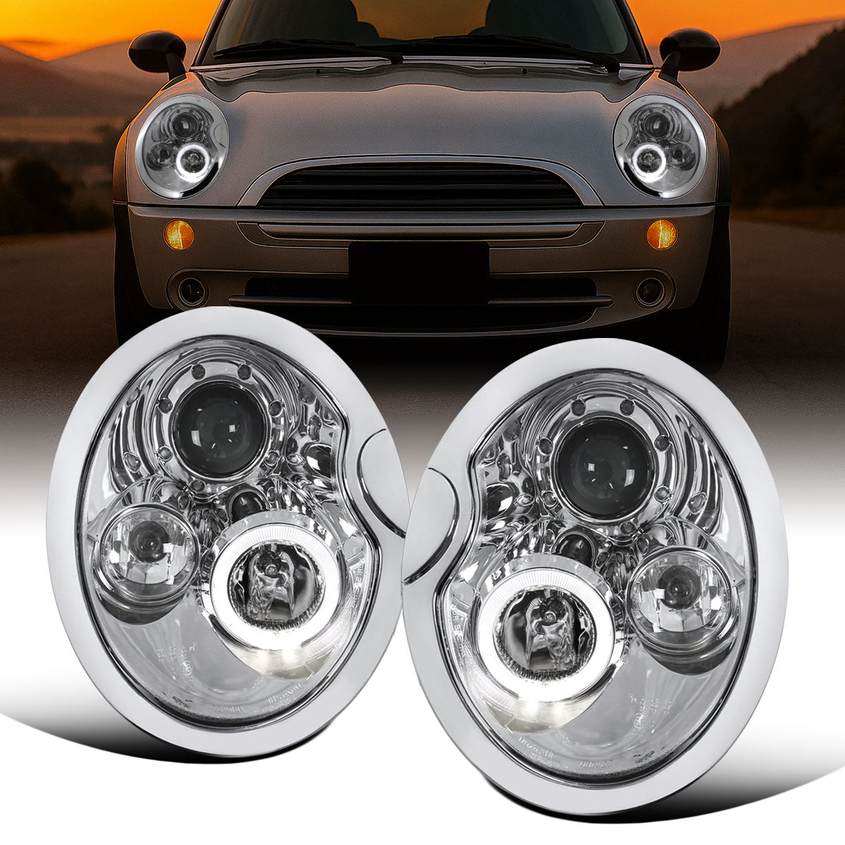 Ronnin - Fits 2002-2008 R50 R52 R53 Mini Cooper Upgrade Assembly LED Rims Halogen Projector Headlights Pair | Chrome