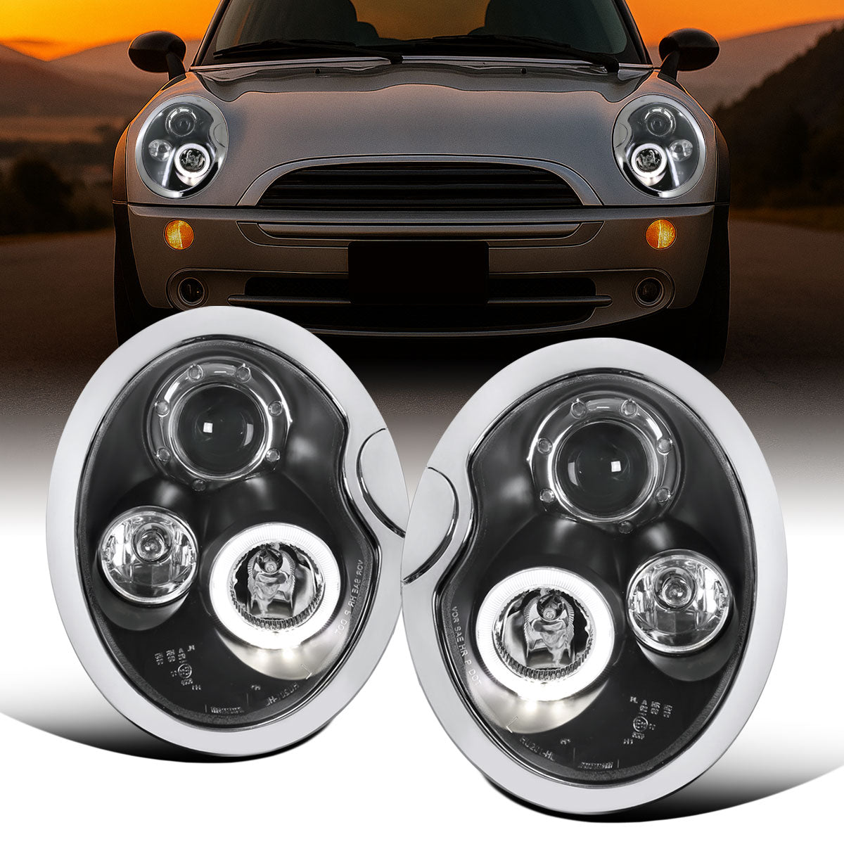 Ronnin - Fits 2002-2008 R50 R52 R53 Mini Cooper Upgrade Assembly LED Rims Halogen Projector Headlights Pair | Black