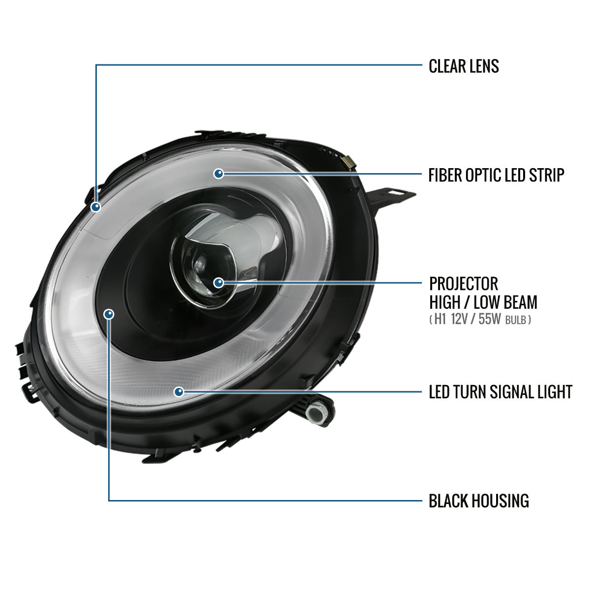 Ronnin - Fits 2007-2015 Mini Cooper R55 R56 R57 R58 R59 Upgraded LED Turn Signal Lights Tube Projector Headlights Assembly Pair | Black