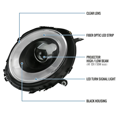 Ronnin - Fits 2007-2015 Mini Cooper R55 R56 R57 R58 R59 Upgraded LED Turn Signal Lights Tube Projector Headlights Assembly Pair | Black