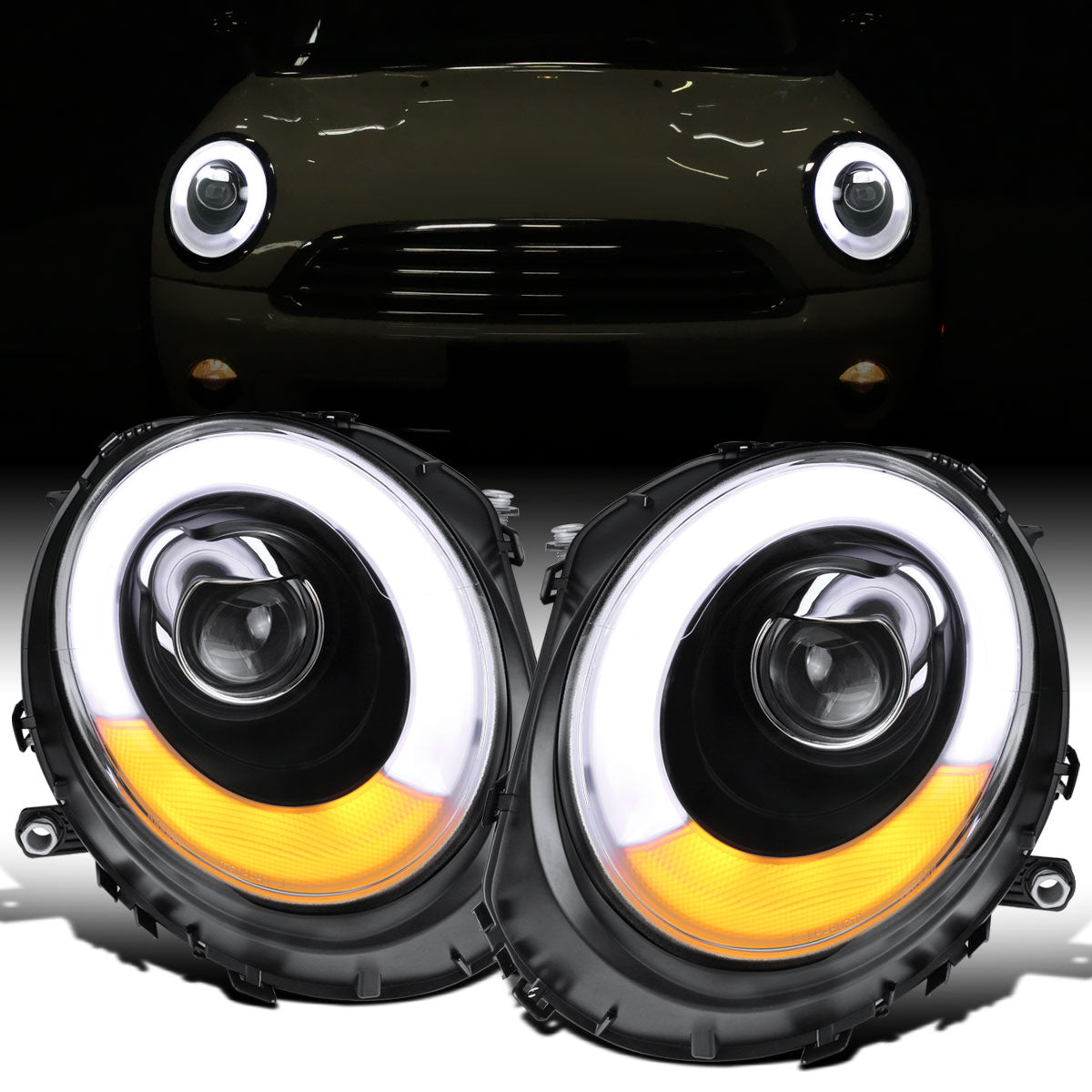 Ronnin - Fits 2007-2015 Mini Cooper R55 R56 R57 R58 R59 Upgraded LED Turn Signal Lights Tube Projector Headlights Assembly Pair | Black