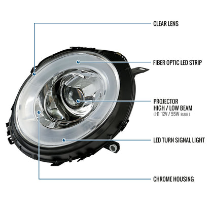 Ronnin - Fits 2007-2015 Mini Cooper R55 R56 R57 R58 R59 Upgraded LED Turn Signal Lights Tube Projector Headlights Assembly Pair | Chrome