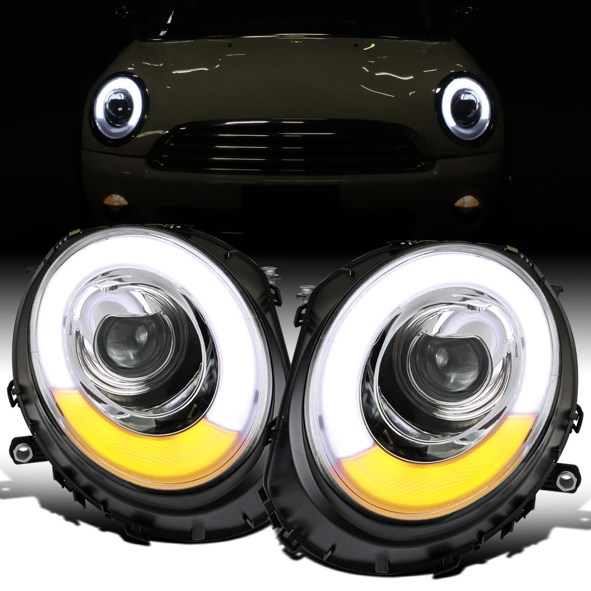 Ronnin - Fits 2007-2015 Mini Cooper R55 R56 R57 R58 R59 Upgraded LED Turn Signal Lights Tube Projector Headlights Assembly Pair | Chrome