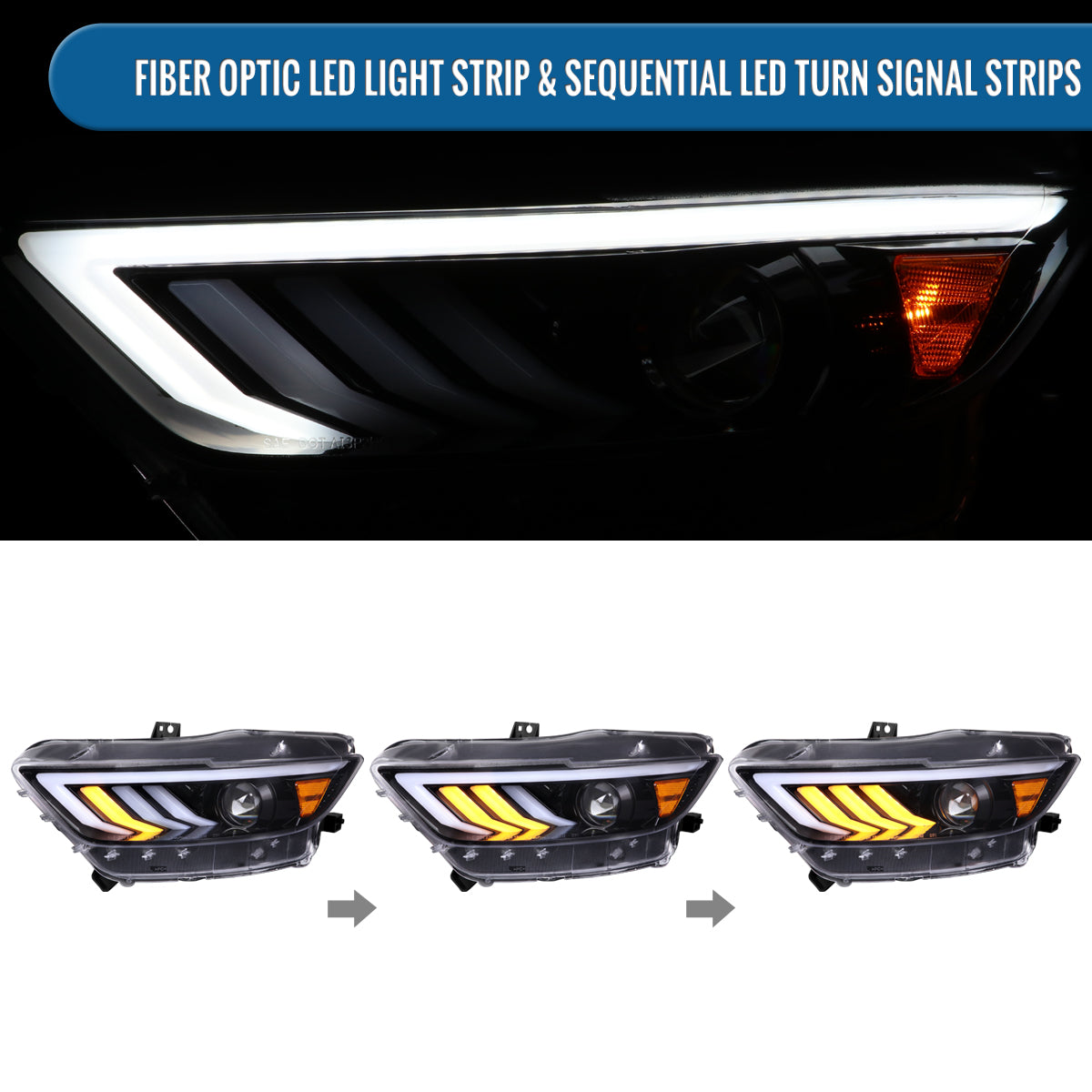 Ronnin - Fits 2015-2022 Ford Mustang Upgraded LED DRL Sequential Turn Signals Projector HID Headlights Assembly Pair | Gloss Black