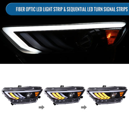 Ronnin - Fits 2015-2022 Ford Mustang Upgraded LED DRL Sequential Turn Signals Projector HID Headlights Assembly Pair | Gloss Black