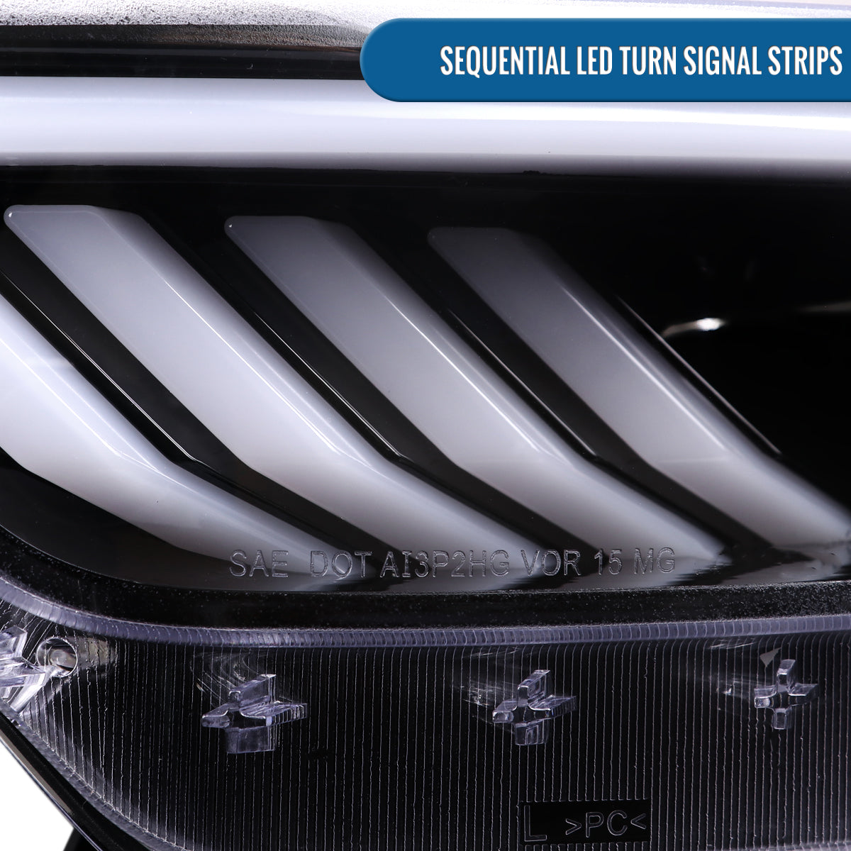 Ronnin - Fits 2015-2022 Ford Mustang Upgraded LED DRL Sequential Turn Signals Projector HID Headlights Assembly Pair | Gloss Black