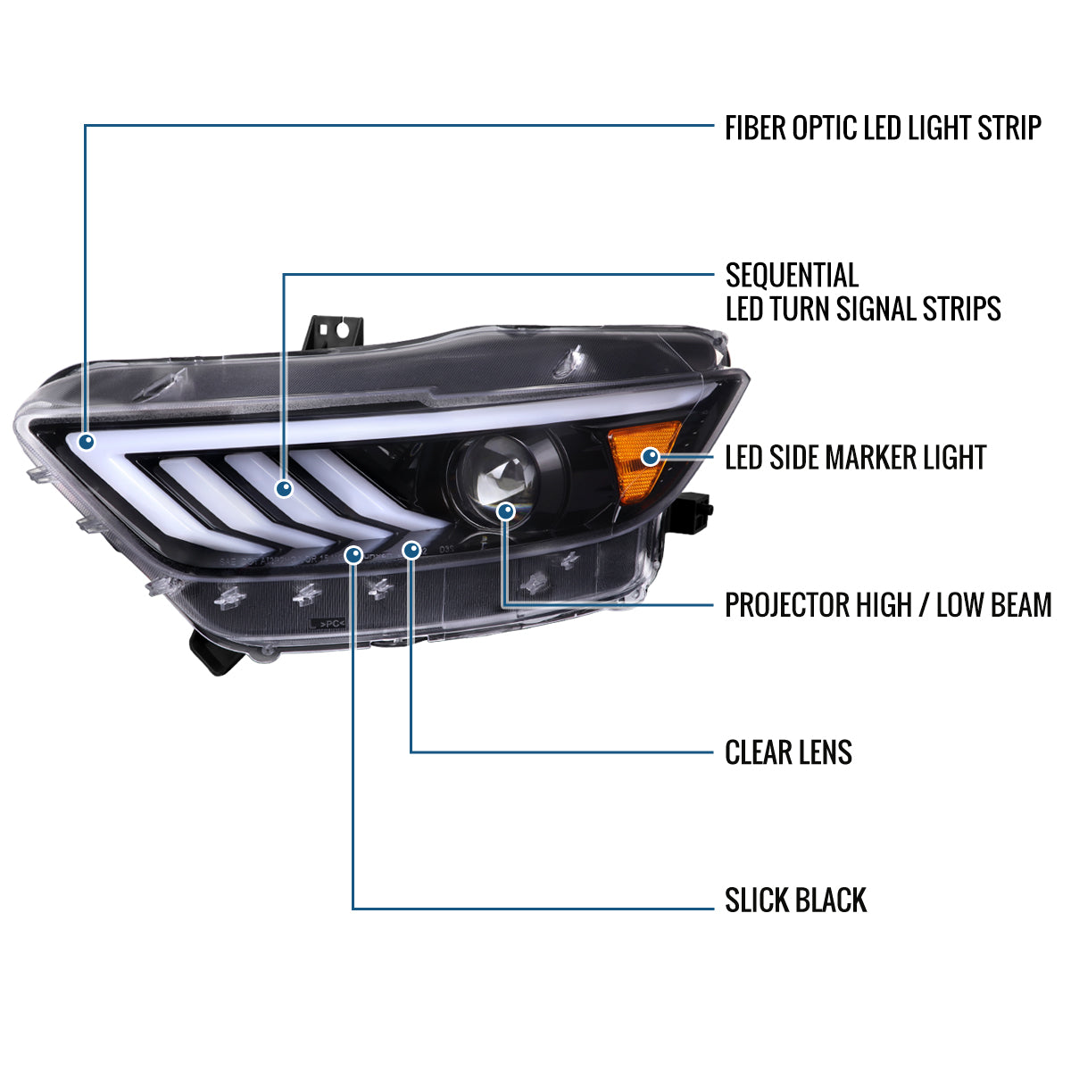 Ronnin - Fits 2015-2022 Ford Mustang Upgraded LED DRL Sequential Turn Signals Projector HID Headlights Assembly Pair | Gloss Black