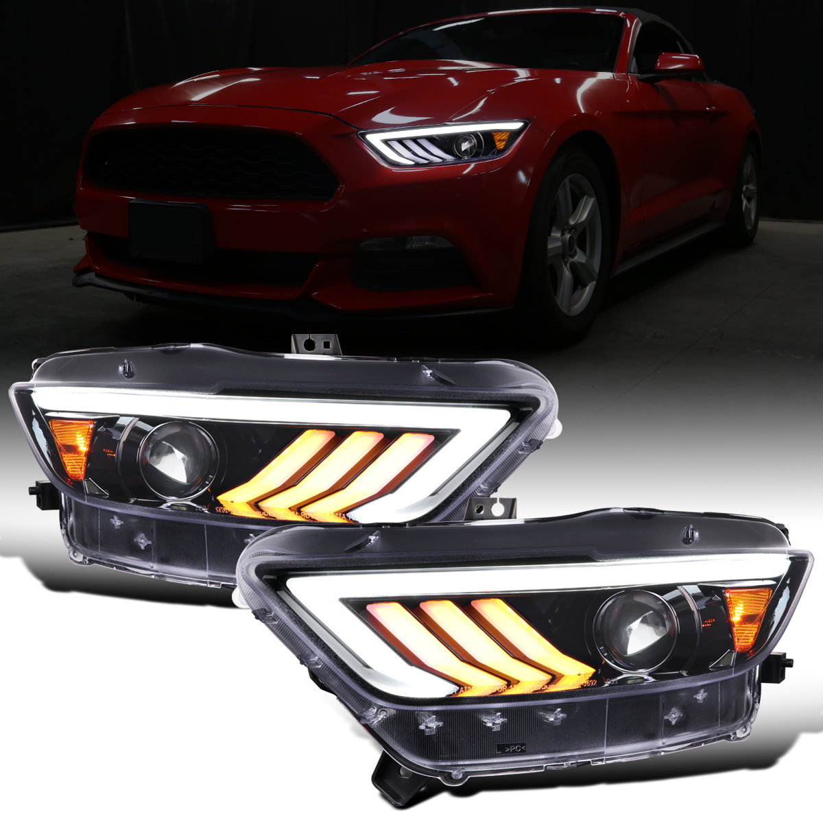 Ronnin - Fits 2015-2022 Ford Mustang Upgraded LED DRL Sequential Turn Signals Projector HID Headlights Assembly Pair | Gloss Black