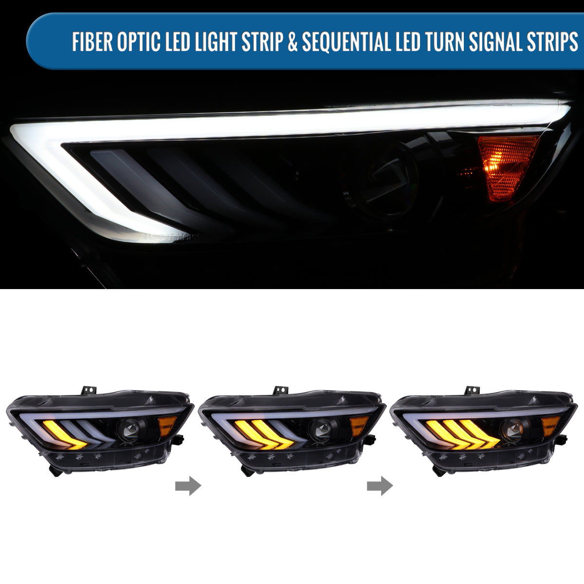 Ronnin - Fits 2015-2022 Ford Mustang Upgraded LED DRL Sequential Turn Signals Projector HID Headlights Assembly Pair | Black Smoke