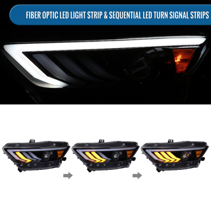 Ronnin - Fits 2015-2022 Ford Mustang Upgraded LED DRL Sequential Turn Signals Projector HID Headlights Assembly Pair | Black Smoke