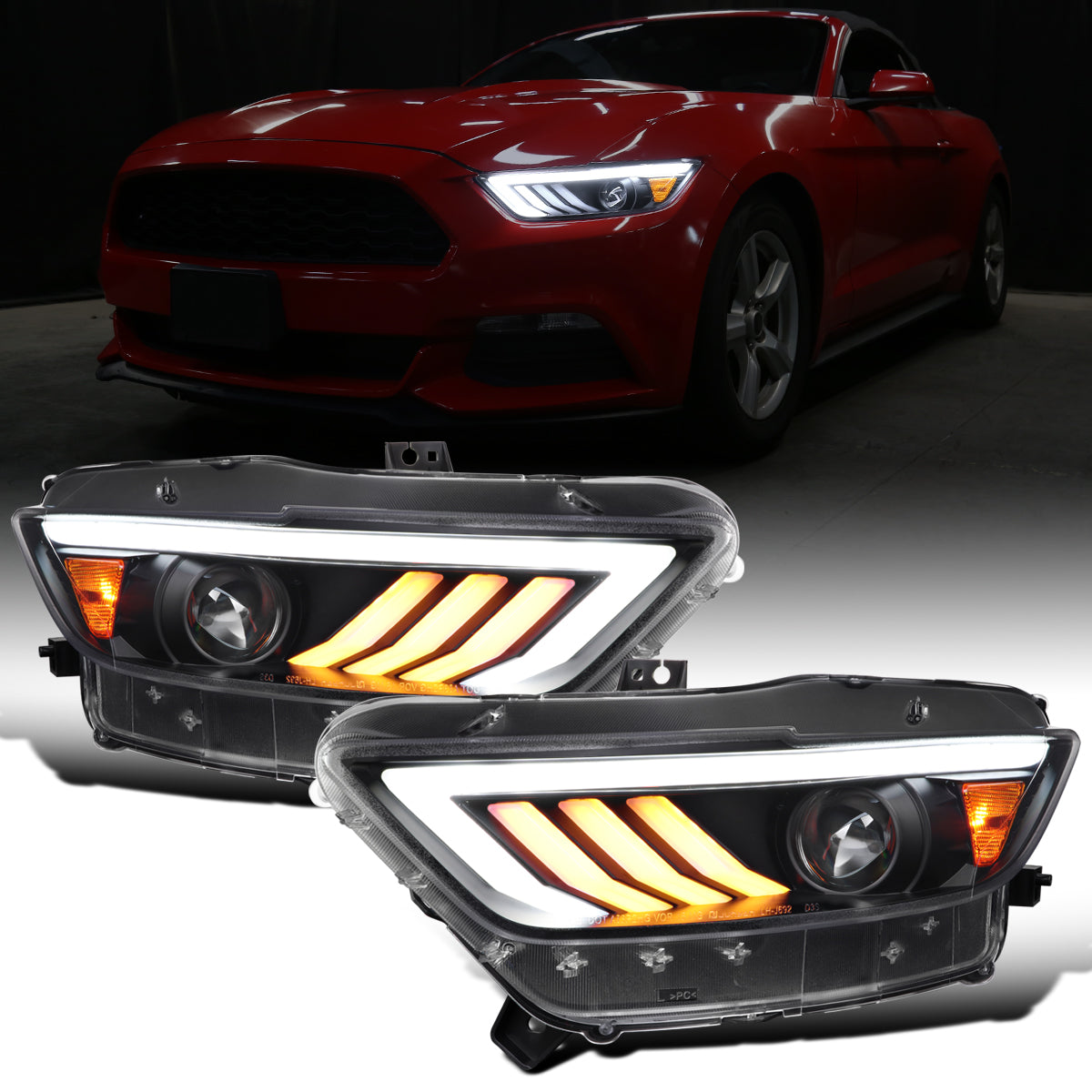 Ronnin - Fits 2015-2022 Ford Mustang Upgraded LED DRL Sequential Turn Signals Projector HID Headlights Assembly Pair | Black