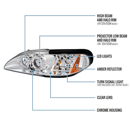 Ronnin - Fits 1994 -1998 Ford Mustang LED Angel Eyes Dual Halo Rims Projector Headlights Replacement Assembly Pair | Chrome