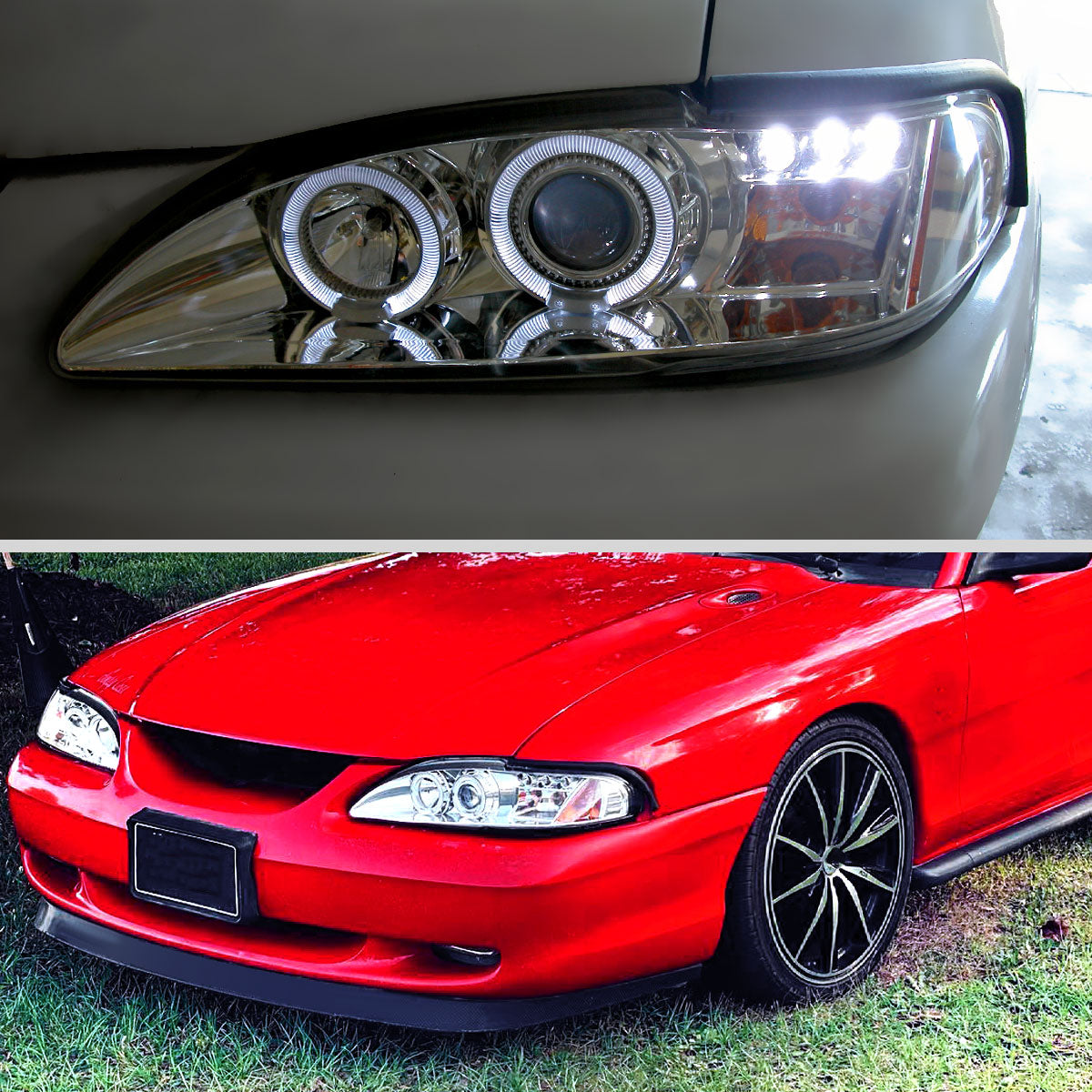 Ronnin - Fits 1994 -1998 Ford Mustang LED Angel Eyes Dual Halo Rims Projector Headlights Replacement Assembly Pair | Chrome