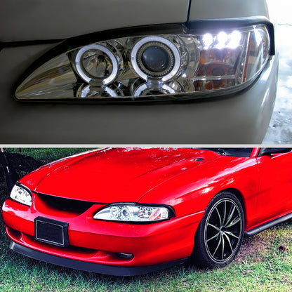 Ronnin - Fits 1994 -1998 Ford Mustang LED Angel Eyes Dual Halo Rims Projector Headlights Replacement Assembly Pair | Chrome