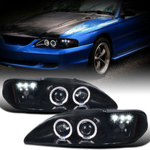 Ronnin - Fits 1994 -1998 Ford Mustang LED Angel Eyes Dual Halo Rims Projector Headlights Replacement Assembly Pair | Black Smoke