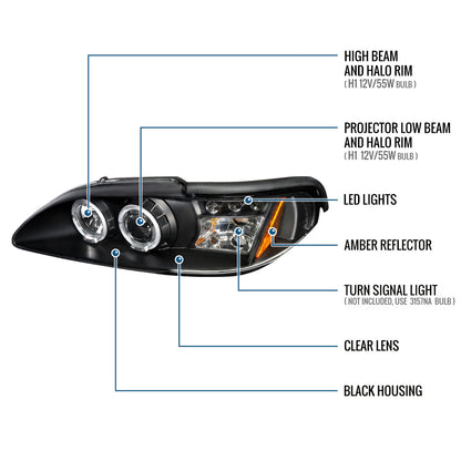 Ronnin - Fits 1994 -1998 Ford Mustang Upgrade LED Dual Rims Projector Headlights Replacement Assembly Pair | Black