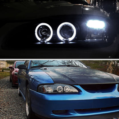 Ronnin - Fits 1994 -1998 Ford Mustang Upgrade LED Dual Rims Projector Headlights Replacement Assembly Pair | Black